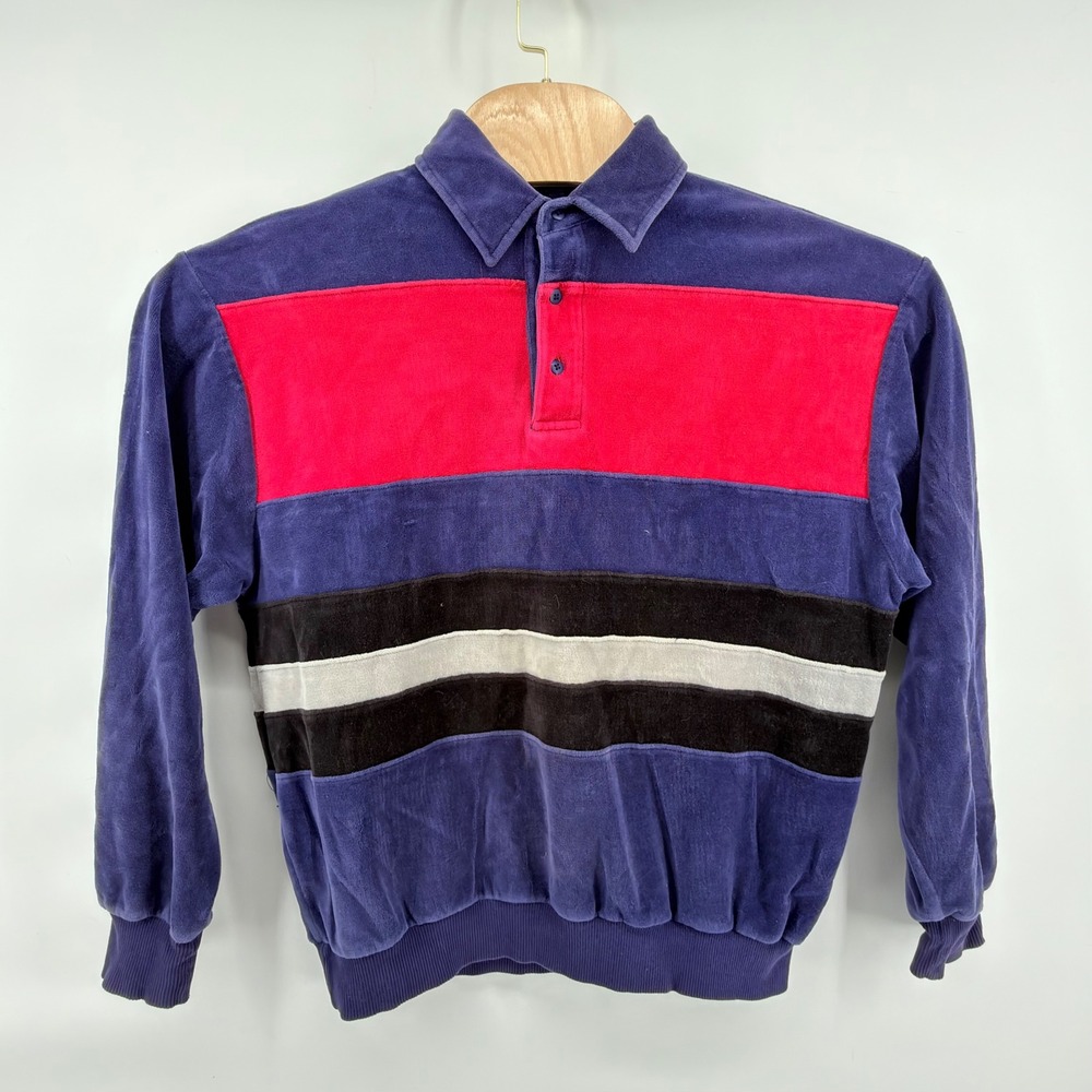 Towncraft Velour Pullover Mens M Purple Red Black White Striped Polo Vintage 90s